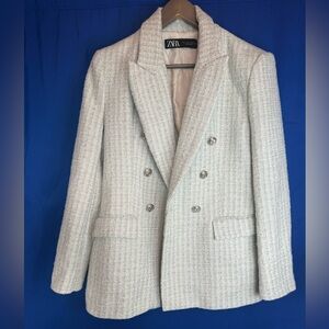 ZARA WOMAN DOUBLE BREASTED TEXTURED WEAVE JACKET 7553/740 GREEN ECRU